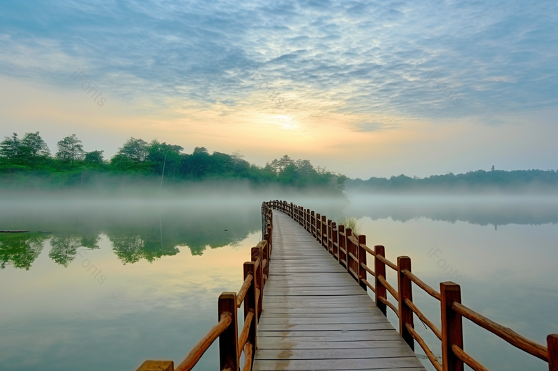 蓝色摄影图初升太阳中湖泊中和栈道,高清,摄影图,摄影图片,图片大全,摄影图免费下载
